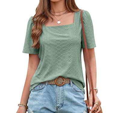 Imagem de Camiseta feminina de verão manga curta ajuste solto blusa manga quadrada oca doce camisa tops para usar com leggings, verde1,G