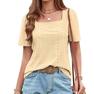 Imagem de Camiseta feminina de verão manga curta ajuste solto blusa manga quadrada oca doce camisa tops para usar com leggings, amarelo, M