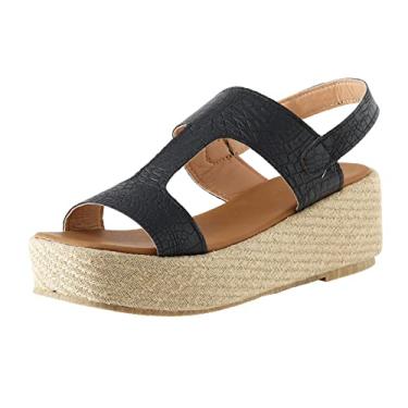 Imagem de Sandálias para mulheres verão sólida fivela alça palha casual bico aberto anabela sapatos de praia confortáveis sandálias (preto, 8)