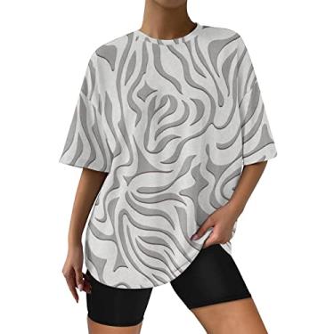 Imagem de Tops de verão para mulheres 2023 Crewneck manga curta impressa solta ajuste túnica camiseta blusas casuais Camiseta Estampado feminina comprida Top Estampa Zebra H17-Cinza X-Large