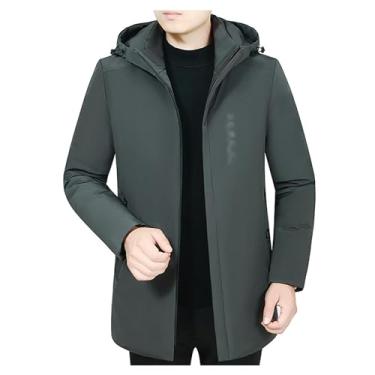 Imagem de Jaqueta masculina acolchoada de comprimento médio, cor sólida, corta-vento com zíper, casaco quente com capuz, Cinza, XXG