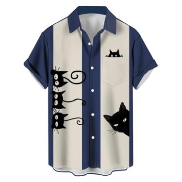 Imagem de QIVICIMA Camisas de boliche retrô masculinas estilo rockabilly anos 50 camisas estilo cubano camisa de acampamento, Cinco gatos, M