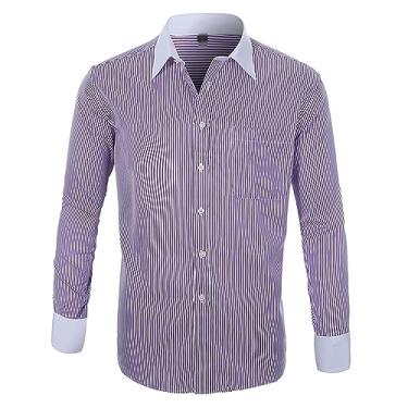Imagem de Camisa social masculina sem rugas, listrada, manga comprida, formal, gola lapela, abotoada, Roxo, XXG