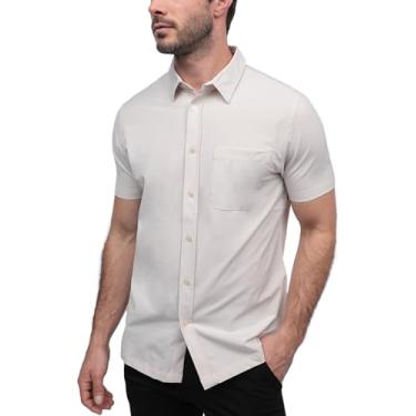 Imagem de INTO THE AM Camisa de manga curta com botões P - 4GG camisa social casual elegante para negócios, eventos, encontros, saídas noturnas, Bege, G