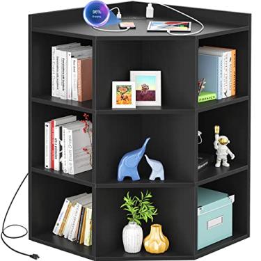 Imagem de Aheaplus Armário de canto, armazenamento de canto preto com portas e saídas USB, armazenamento de brinquedo de cubo de canto para espaço pequeno, estante de madeira com 9 cubos para sala de jogos, quarto, sala de estar, preto