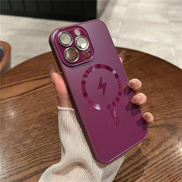 Imagem de Capa de telefone de vidro com lente magnética micro fosca para iPhone 11 12 13 14 15 Pro Max Plus capa à prova de choque de acrílico rígido macio, vinho tinto, para iPhone 11 ProMax