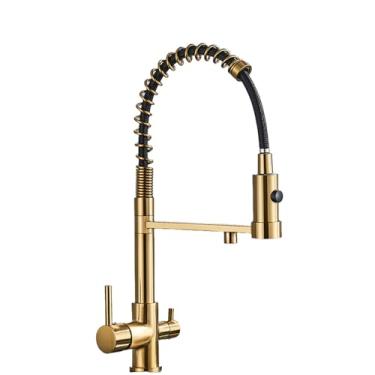 Imagem de Torneira de cozinha preta fosca com filtro, torneira de cozinha de água pura, alça dupla, torneiras misturadoras de cozinha purificadas, ouro escovado