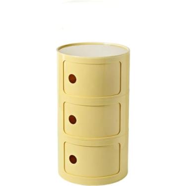 Imagem de Mesa de cabeceira redonda de plástico de 2/3/4 níveis de armazenamento com gavetas e porta deslizante, armário de cabeceira moderno nórdico para quarto, amarelo, 32 x 58 cm