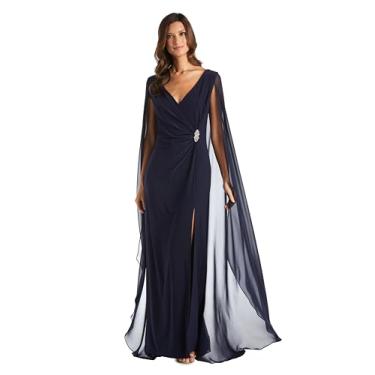 Imagem de R&M Richards Elegante vestido longo sobrepeliz com capa de chiffon e fenda frontal, Azul marino, 58