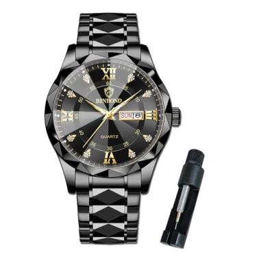 Imagem de BINBOND Relógio de pulso masculino diamante grande aço inoxidável luxo vestido de negócios data dia relógio de pulso à prova d'água luminoso, Preto, relógios masculinos