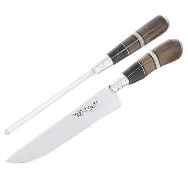 Imagem de Conjunto Faca em Inox e Chaira com Cabo de Madeira e Chifre e Bainha Facas Gaúcha 30139