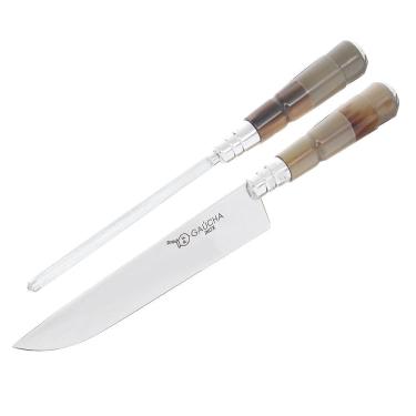 Imagem de Conjunto Faca em Inox e Chaira com Cabo de Chifre e Bainha Facas Gaúcha 30134