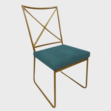 Imagem de Cadeira Sala de Jantar Escritório Office Clark Industrial Ferro Dourado Suede Azul Turquesa - Ahz Móveis