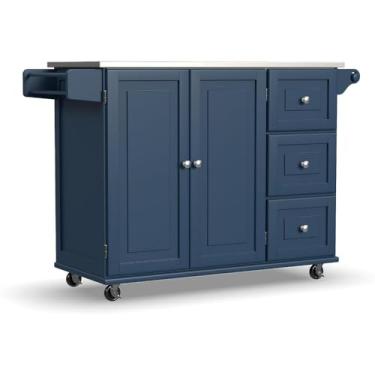 Imagem de Carrinho de Armazenamento Carrinho móvel da ilha da cozinha com casa verde superior de aço inoxidável da mobília do armário de armazenamento Carrinho de Armazenamento(Blue)