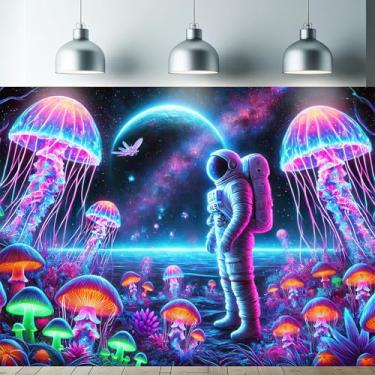 Imagem de Starlit Patio Tapeçaria Astronauta Luz Negra UV Reativo Brilham no Escuro Plantas Água-viva Tapeçaria de Parede Neon Galáxia Espaço Suspensão de Parede para Quarto Sala de Estar Dormitório 192 x 159