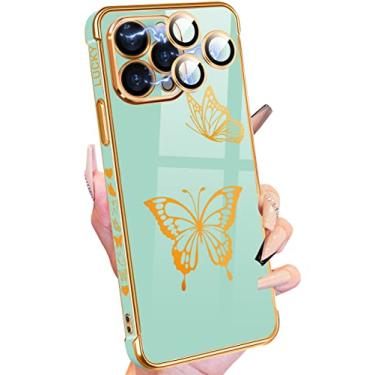 Imagem de Petitian Capa para iPhone 14 Pro Max, lindas mulheres meninas borboletas douradas projetadas para iPhone 14 Pro Max, capa feminina banhada a ouro para 14 Pro Max com protetor de câmera verde menta