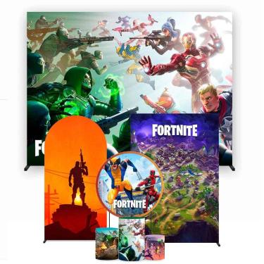 Imagem de Super Kit de Painéis de Festa Fortnite Painel Redondo 1,30 e Retangular Várias Medidas - Fera Print