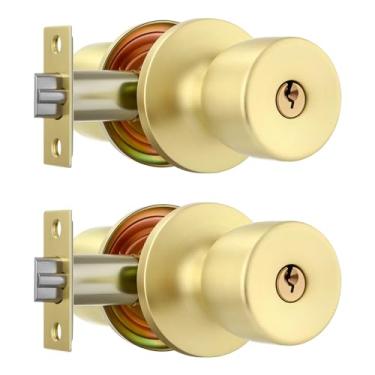 Imagem de Leydebong 2 maçanetas douradas de aço inoxidável com chave, com chaves, ajustável de 60 a 70 mm para portas espessas de 35 a 45 mm, porta da frente/quarto/banheiro/escritório