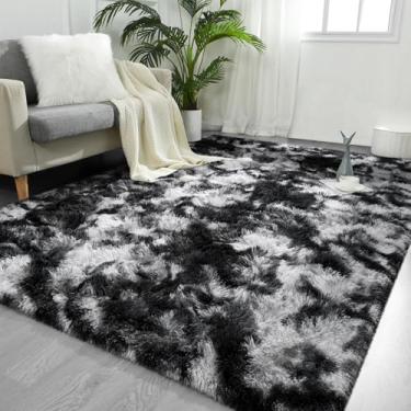 Imagem de FlyDOIT Tapetes de área grande de 1,8 x 2,5 m para sala de estar, tapete felpudo preto e branco tingido em preto e branco, tapete felpudo ultra macio, moderno, para quarto, meninas, crianças, berçário