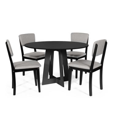 Imagem de Mesa De Jantar Redonda Montreal Preta Com 4 Cadeiras Estofadas Ella Preto/cinza Claro