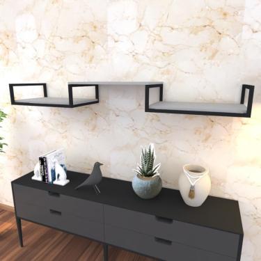 Imagem de Prateleira Industrial Suspensa Estante Parede Nicho Cinza Ferro E Madeira Suporte Pratileira