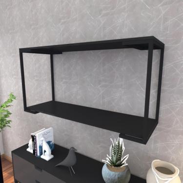 Imagem de Prateleira Industrial Suspensa Estante Parede Nicho Preto Ferro E Madeira Suporte Pratileira