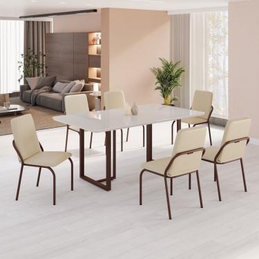 Imagem de Conjunto Sala De Jantar Mesa 160x90cm Base Lunna Tampo Mdf Com Vidro Malibu Creme - Marrom