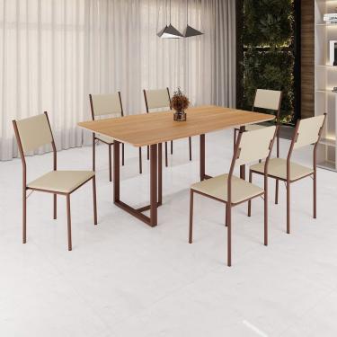 Imagem de Conjunto Sala De Jantar Mesa 160x90cm Base Lunna Tampo Mdf Florença Creme Marrom