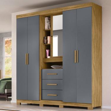 Imagem de Guarda-roupa Casal Com Espelho 5 Portas 3 Gavetas 4 Nichos E Pés Eldorado Freijó-cinza