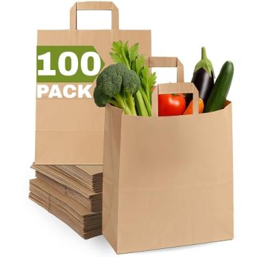 Imagem de Qutuus Sacos de papel marrom grandes com alças a granel - 100 peças, sacos de compras de papel 30 x 17 x 35 cm, sacolas marrons para mantimentos, reciclagem, entrega, levar, levar, varejo, presente