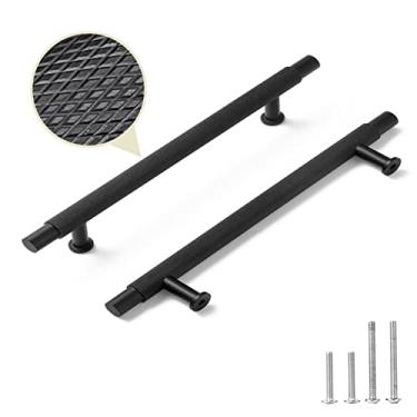 Imagem de NAUBEA Puxador de gaveta preto puxadores de armário serrilhados sólidos, pacote com 6 furos de 256 mm, ferragens de armário de cozinha preto fosco para puxadores de cômoda com padrão de diamante