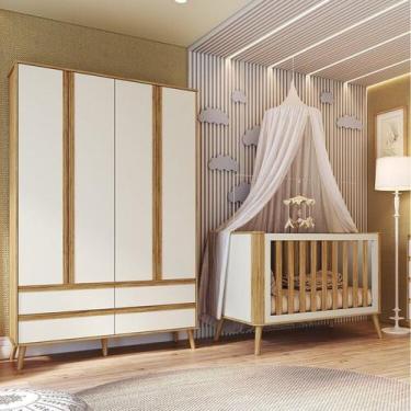 Imagem de Quarto de Bebê Berço Arredondado 3 em 1 e Guarda-roupa 4 Portas 100% M