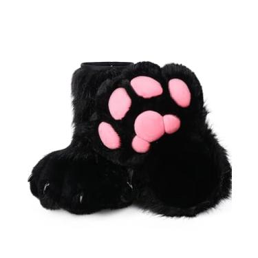 Imagem de BNLIDES Cosplay Animal Gato Lobo Cachorro Raposa Fursuit Pés Pata Garra Sapatos Botas Peludas Acessórios de Fantasia para Adulto (Preto Rosa)