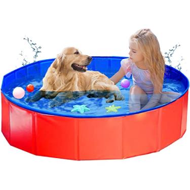 Imagem de ITidyHome Piscina Dobrável Para Cães De Estimação E Crianças (40'' X 12''), Banheira Plástico Antiderrapante Em Pvc, Fibra Durável Crianças, Vermelha