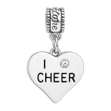 Imagem de I Cheer Charm Bead – Pingente de coração banhado a prata com strass para líderes de torcida – Compatível com Pandora, Troll, Chamilia e pulseiras europeias – Presente para time de torcida e esquadrão