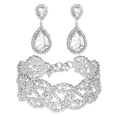 Imagem de Miraculous Garden Brincos de pingente de gota de strass de cristal banhado a prata Conjunto de joias de pulseira para mulheres meninas, 2 pacotes de joias de festa de casamento para dama de honra presente de formatura.