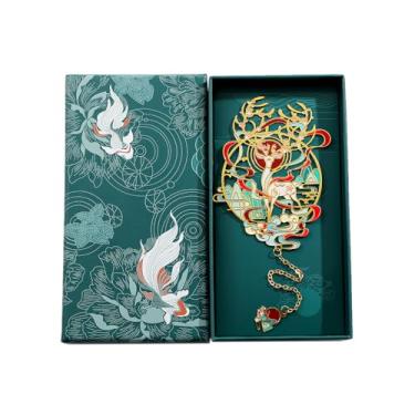 Imagem de Marcador de livro chinês "Clássico das montanhas e mares" das bestas divinas – Este marcador apresenta carpa koi, fênix, raposa de nove caudas, dragão e veado em cores vibrantes para boa sorte (caixa
