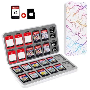 Imagem de FYY Suporte Para Estojo De Jogos Nintendo Switch - Branco Relâmpago, Com 24 Compartimentos Cartões E 48 Slots Micro Sd, Capa Rígida, Revestimento Silicone