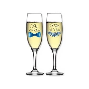 Imagem de 2 Taças Champagne Vidro Grosso Pai e Mãe Noiva/Noivo 210ml Pegada Ergonômica Moderno Elegante Comemoração (kit mãe e pai do noivo)
