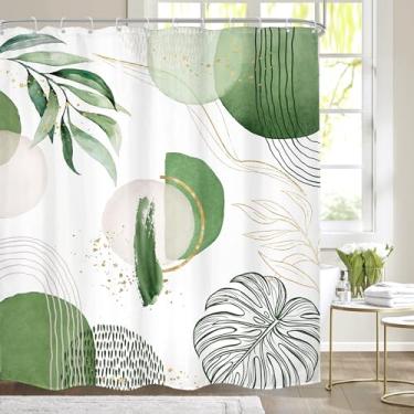 Imagem de Mitpok Cortina de chuveiro verde Boho 72Lx72H Meados do Século Moderno Abstrato Dourado Oliva Tropical Folhas de Palmeira Planta Geométrica Decoração de Banheiro Minimalista Boêmia Tecido Poliéster