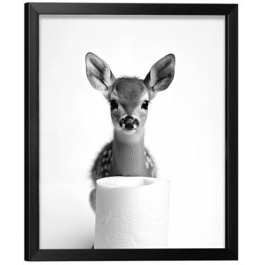 Imagem de Decoração de banheiro arte de parede preto e branco quadros de decoração de parede de banheiro emoldurados - pintura de impressão em tela animal pequeno cervo e papel higiênico