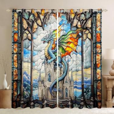 Imagem de Cortinas de janela infantil Western Dragon, Tale Castle Cloud Glass Dragon Window Drapes para meninos e meninas, patchwork geométrico, vista natural, azul, retrô, tratamentos de janela, ilhós