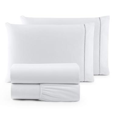 Imagem de Jogo de Lençol King 4 Peças Micropercal 400 Fios Ponto Palito – Toque Macio Premium Hotel, Antiácaro e Não Faz Bolinha, Conforto e Elegância (Branco)