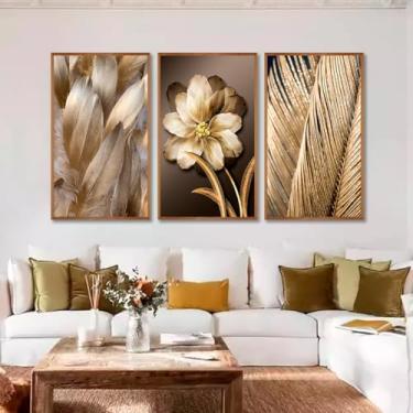 Imagem de Kit com 3 Quadros Decorativos 30x50 cm Floral Rustico Vintage com Moldura Retangular com 2cm de largura, na posição Vertical, ideal para ambiente de Sala, Quarto e Hall. Tamanho dos quadros montado na parede 50x94cm.