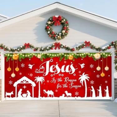 Imagem de Ratoyal Decorações de porta de garagem de Natal de Jesus vermelho, 40,6 x 1,8 m, pano de fundo, faixa de porta de garagem, presépio sagrado, religião, feriados de Natal, fundo mural para decoração de
