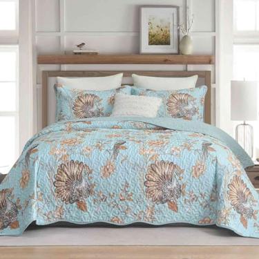 Imagem de Nanko Conjunto de colcha Queen Size 3 peças, azul petróleo, amarelo, floral, pássaro, grande, vieira, colcha, colchas macias, leves, colchas para cama, casa de fazenda, edredom acolchoado fino