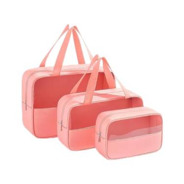 Imagem de Kit Necessaire Transparente 3 em 1 Bolsa de Viagem para Maquiagem e Higiene Pessoal Unissex – Grande Capacidade, Organizador em PVC Impermeável, Ideal para Academia, Mala, Mala de Mão (Rosa)