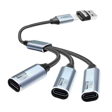 Imagem de Duttek Divisor USB C 3 em 1, hub USB C de 3 portas com adaptador tipo A para C, cabo de carregamento macho tipo C para 3 fêmeas, nylon trançado, transferência de dados de 480 Mbps, para laptop