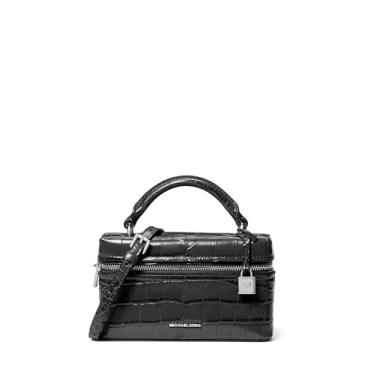 Imagem de Michael Kors Jana Bolsa transversal extra pequena com alça superior, ferragens prateadas/couro em relevo de crocodilo/preta