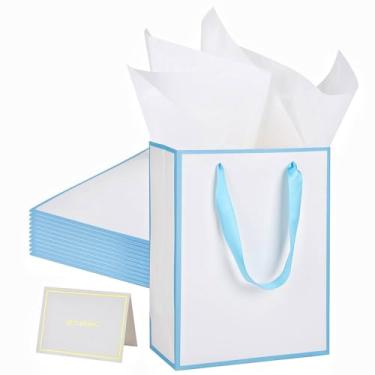 Imagem de UoeRing Pacote com 12 sacos de presente de agradecimento com alças 24 x 19 x 9,5 cm, sacos de presente de tamanho médio, com papel de seda e cartão para casamento, aniversário, madrinha, feriados, dia